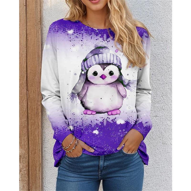 Autumn Winter Penguin Pattern Women T-Shirts Long Sleeve 3D Printed Christmas Style Street Ladies T Shirt 3XL Plus Size Tops