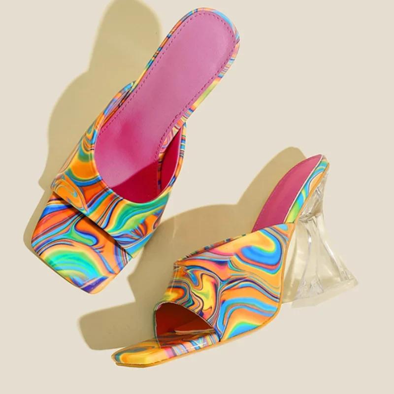 Fashion Colorful Printing Summer High Heels 2025 New Fashion Square Head Crystal High Heel Slippers Women's Sandals Outdoor Casual