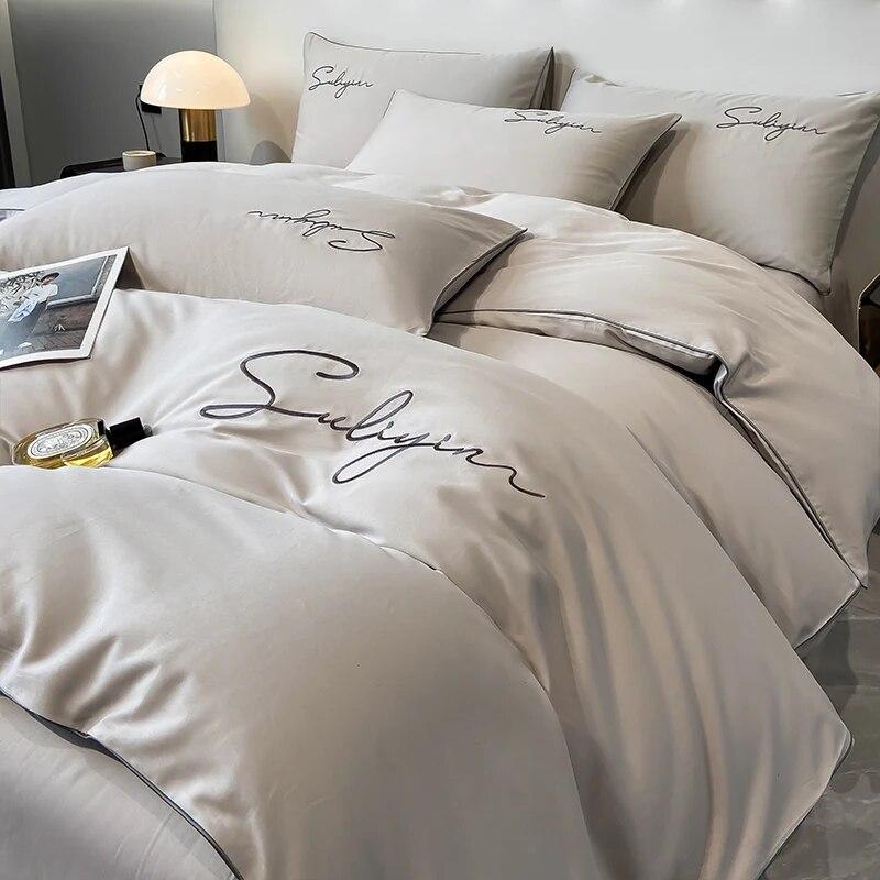 Luxury Embroidery Bedding Set Egyptian Cotton 400TC Duvet Cover Flat Fittedsheet Single Double Queen King Quilt Cover Pillowcase