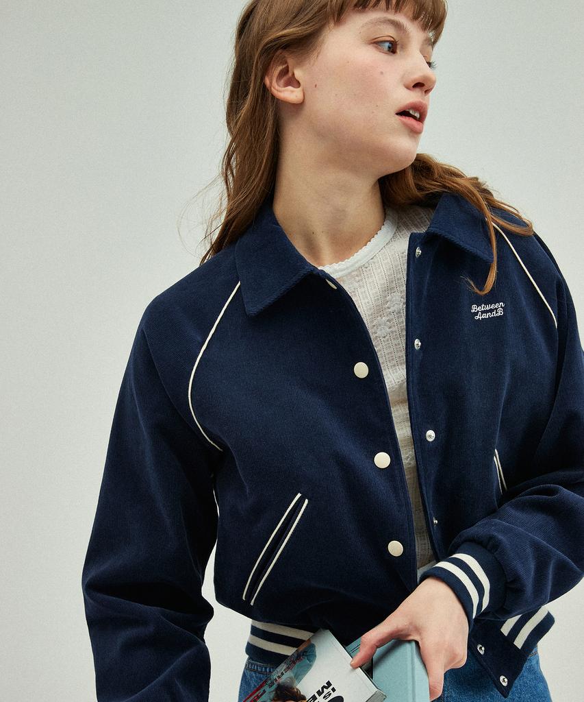 Between A And B Floral Quilted Corduroy Varsity Jacket [Navy]