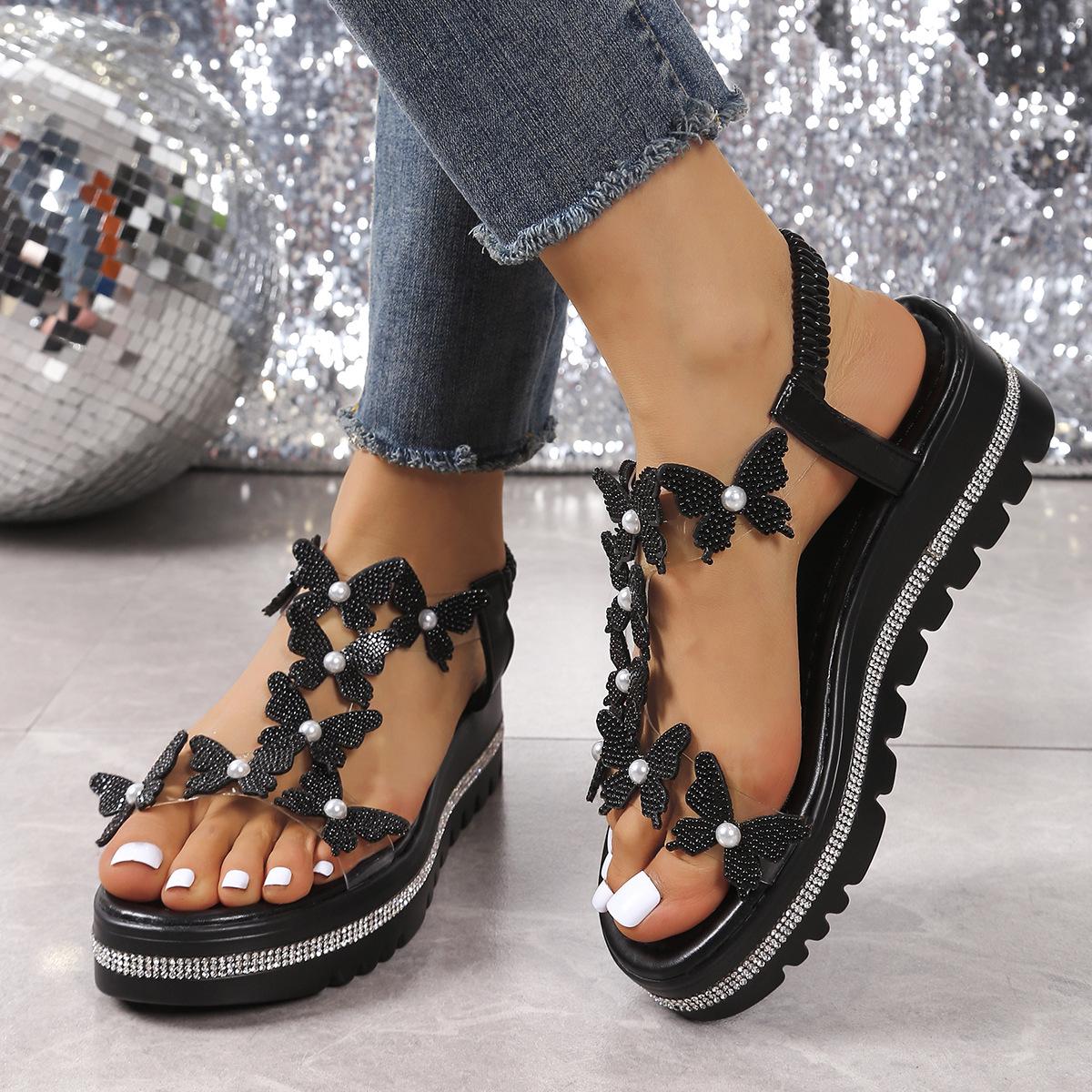 

Black Women s Butterfly Rhinestone Platform Wedge Sandals: Open-Toe, Slip-On, Elastic Band - Perfect for Summer. 38 чорний