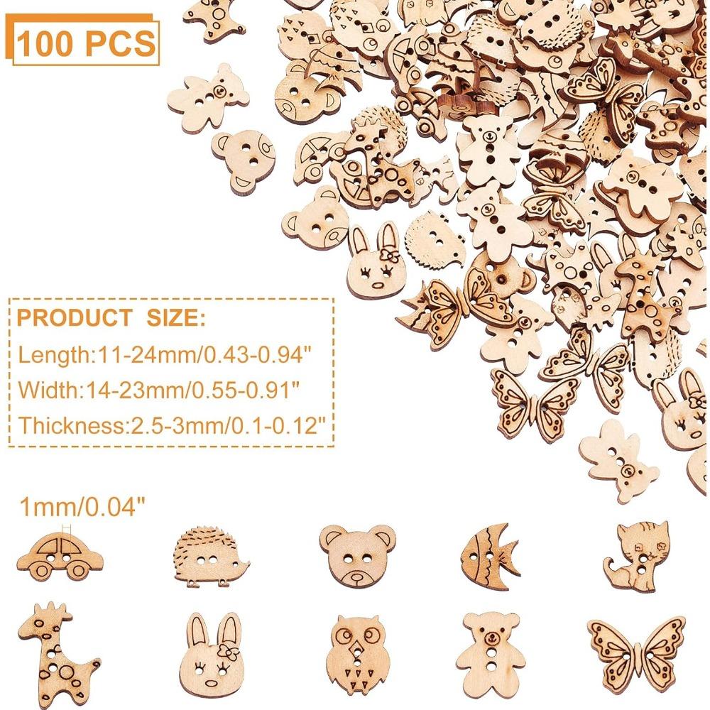 100 Stück Tierstil Holz Nähknöpfe 2-Loch Hase Schmetterling Bär Nähknöpfe Unfertiges Holz Dekorative Sets