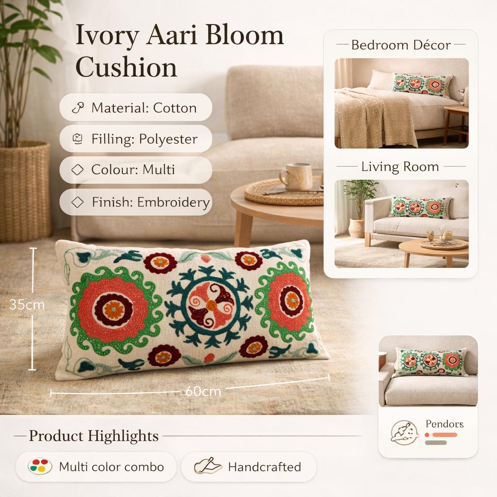 Cotton Floral Aari Embroidered Lumbar Cushion - 35 X 60 Cm