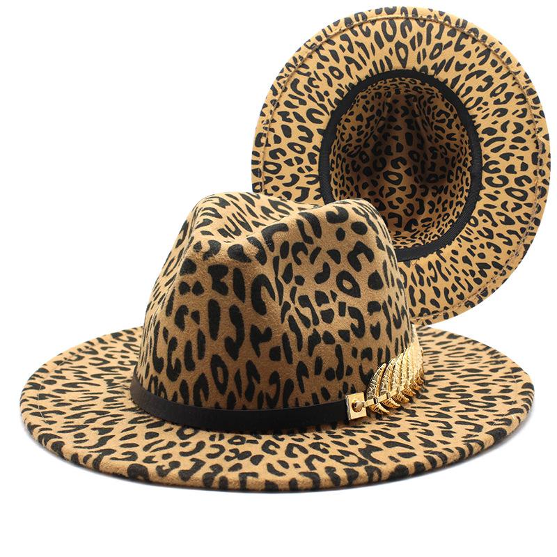Women Leopard Open Road Hat Fedora Hat Fashionable Wide Brim Fedora Felt Panama Hats Classic Belt Buckle