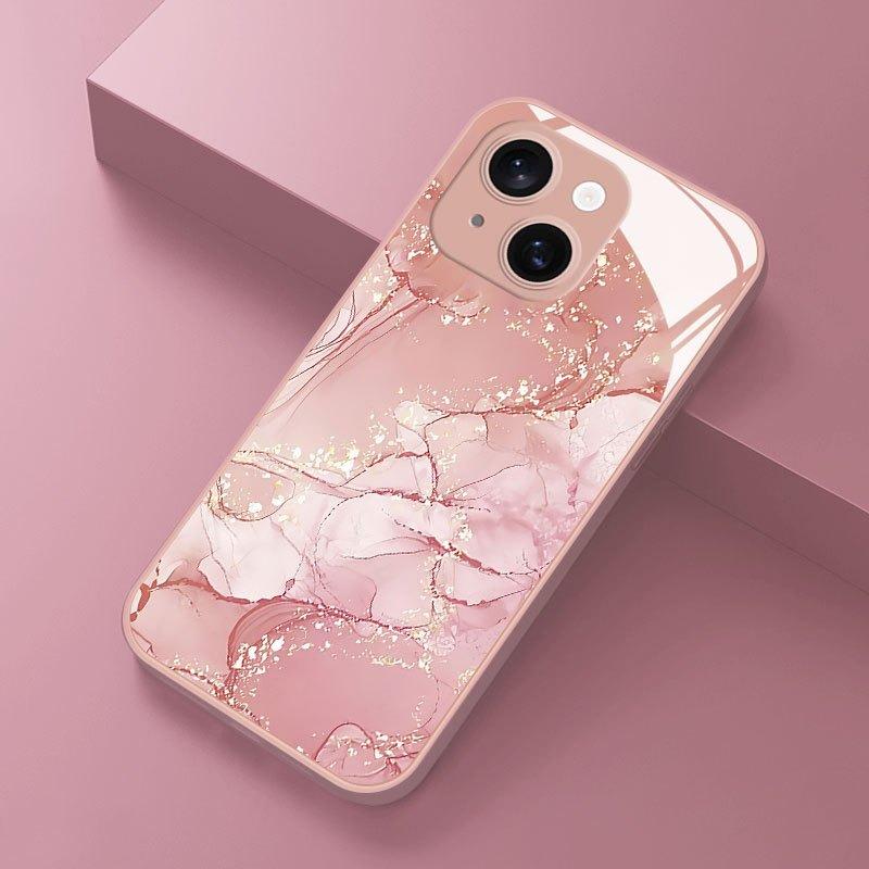 Fashion Glitter Marble Pattern Pink Metallic Paint Glass Phone Case For iPhone 17Air 11 12 13 14 15 16 17 Pro Max Plus 16E Cover