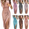 Women Formal Dress Shiny Bright Surface Off Shoulder Sexy Dress Pleated High Waist Lady Split Bodycon Dress for Party Banquet Wedding