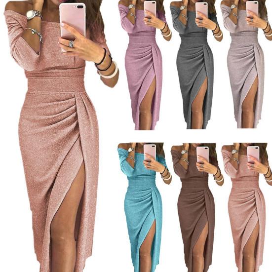 Women Formal Dress Shiny Bright Surface Off Shoulder Sexy Dress Pleated High Waist Lady Split Bodycon Dress for Party Banquet Wedding