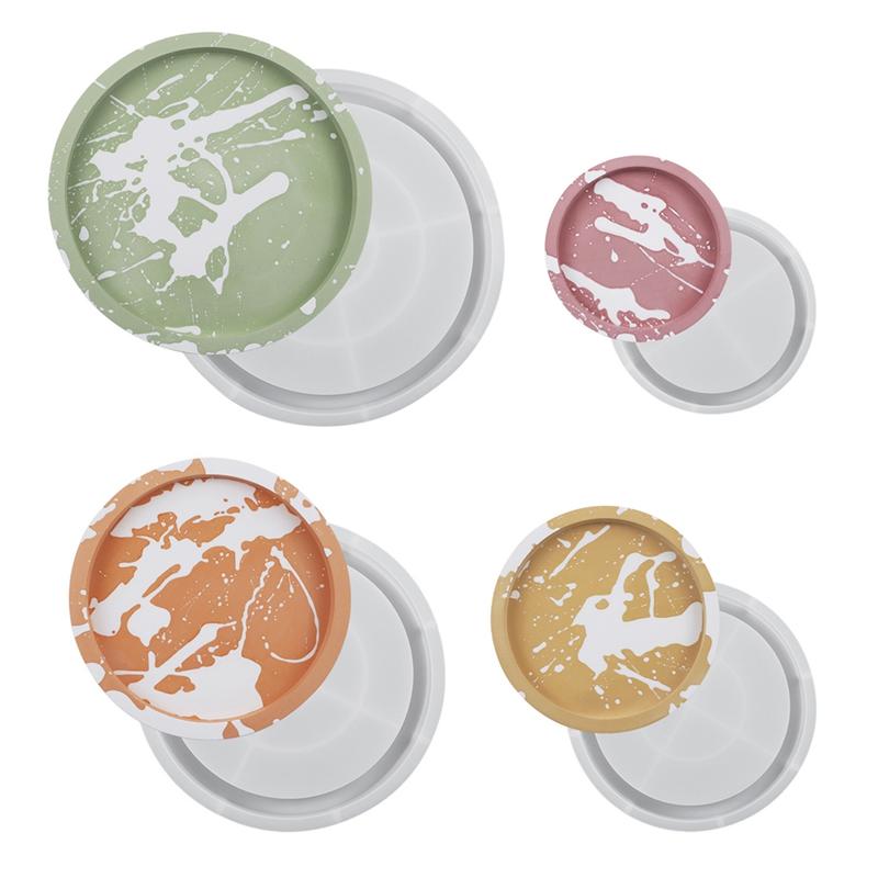 ABWR-Round Plate Silicone Mold Fruit Disc Tea Tray UV Resin Mould Gypsum Cement Mold Jewelry Tools 4Piece