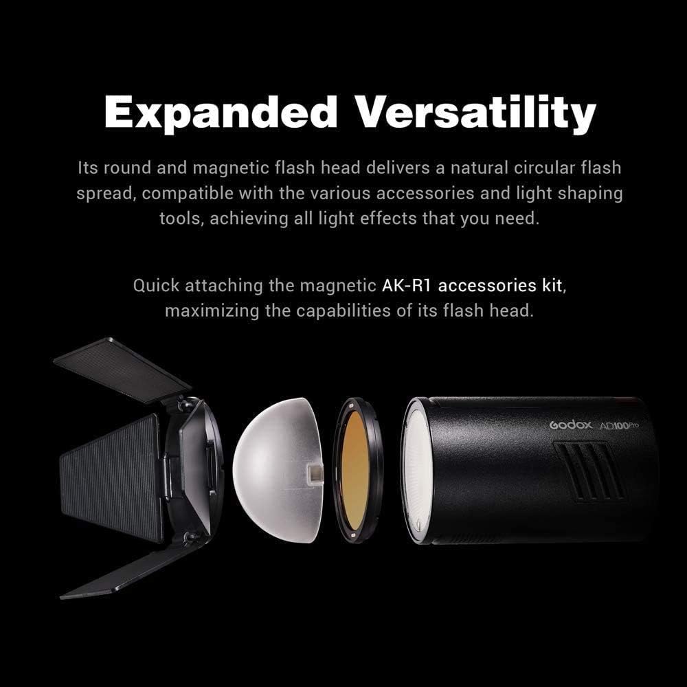 Godox AD100Pro 100Ws TTL HSS Pocket Lithium 360 Second Round Magnetic Flash Head 2.4G 1/8000s Flashlight, 7.2V/2600mAh Battery, Full-Power Flashes,