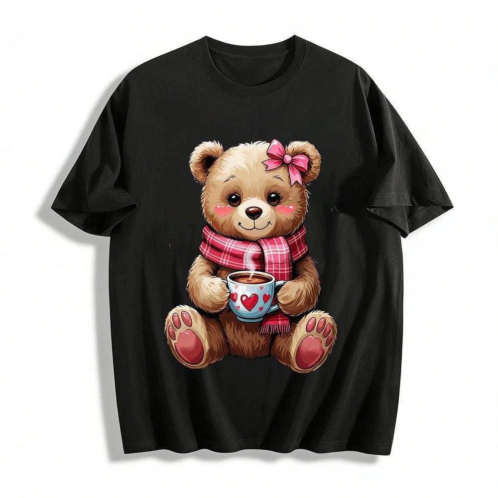 Cute Teddy Bear With Heart Hot Drink Graphic Casual Top Pure cotton T-shirt XXS