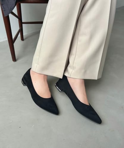 Jumpable Pumps, Flats, Easy To Wear, Suede, Pointed Toe, Cushioned, Low Heel, Black, Perfect for Commuting, Ceremonies, R-3218