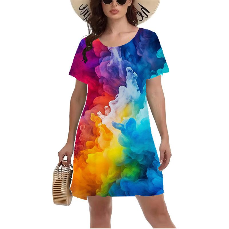 3D Blue Starry Sky Planet Meteor Pattern Print Dress Women Summer Short Sleeve Round Neck Casual A-Line Dress Vestidos De Mujer