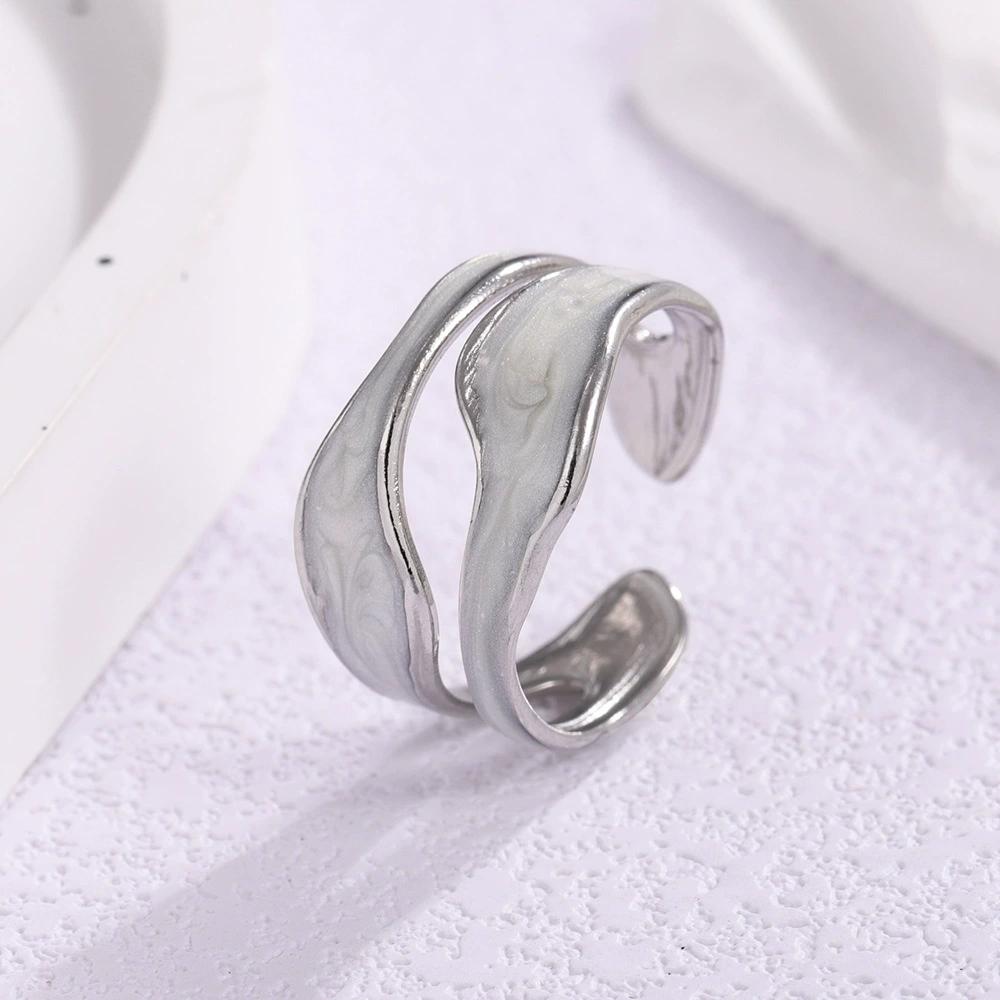 Stainless Steel Geometric Double-layer Hollow Ring for Women  Irregular Black and White Enamel Ring with Adjustable Jewelry Adjustable