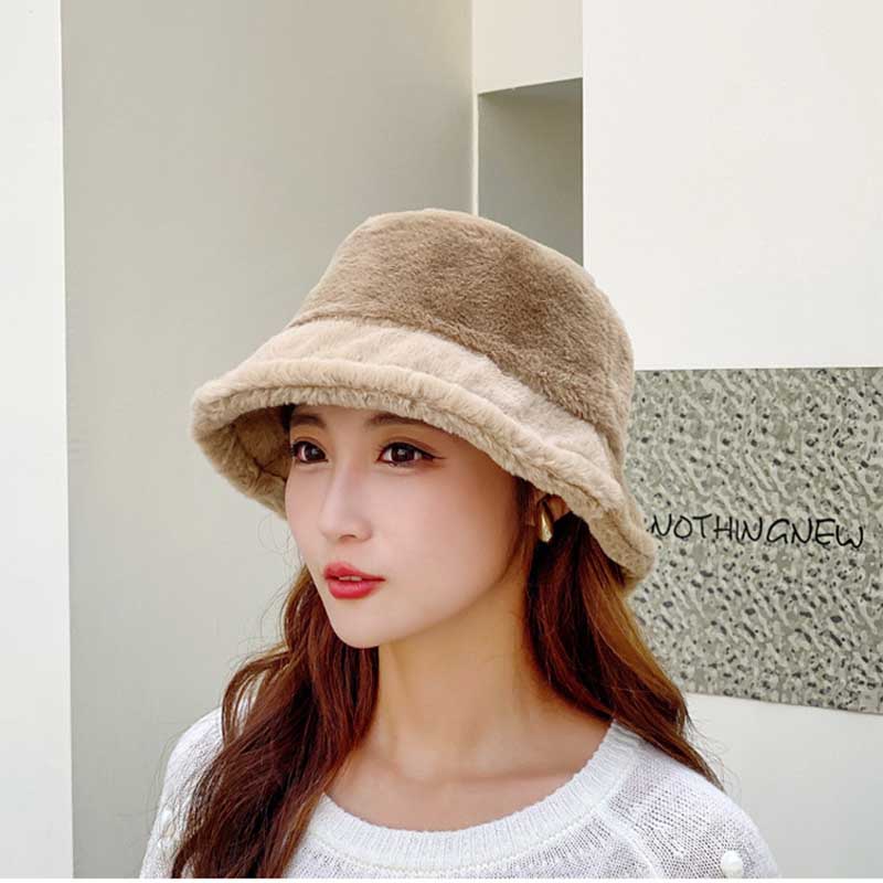 Koreanischer Lamm-Kunstpelz-Eimerhut für Damen, warm, weich, Panamahut, Outdoor-Fischermütze für Damen, einfarbige Beanie-Mütze
