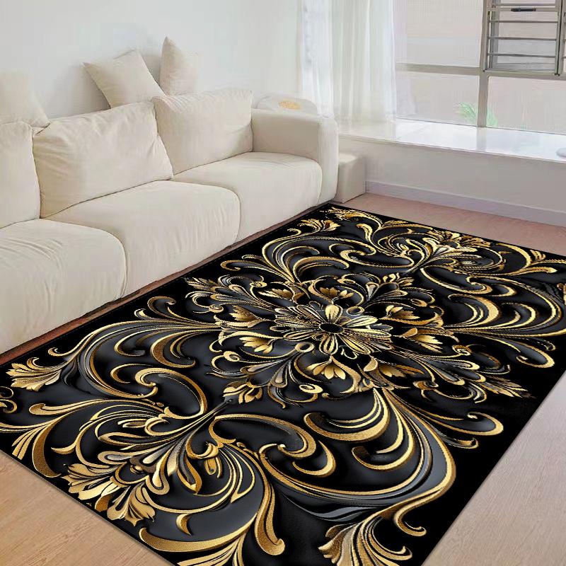 European Home Luxury Golden Flowers Living Room Decor Sofa Carpet Washable Rugs for Bedroom Black Gold Lounge Coffee Tables Mat