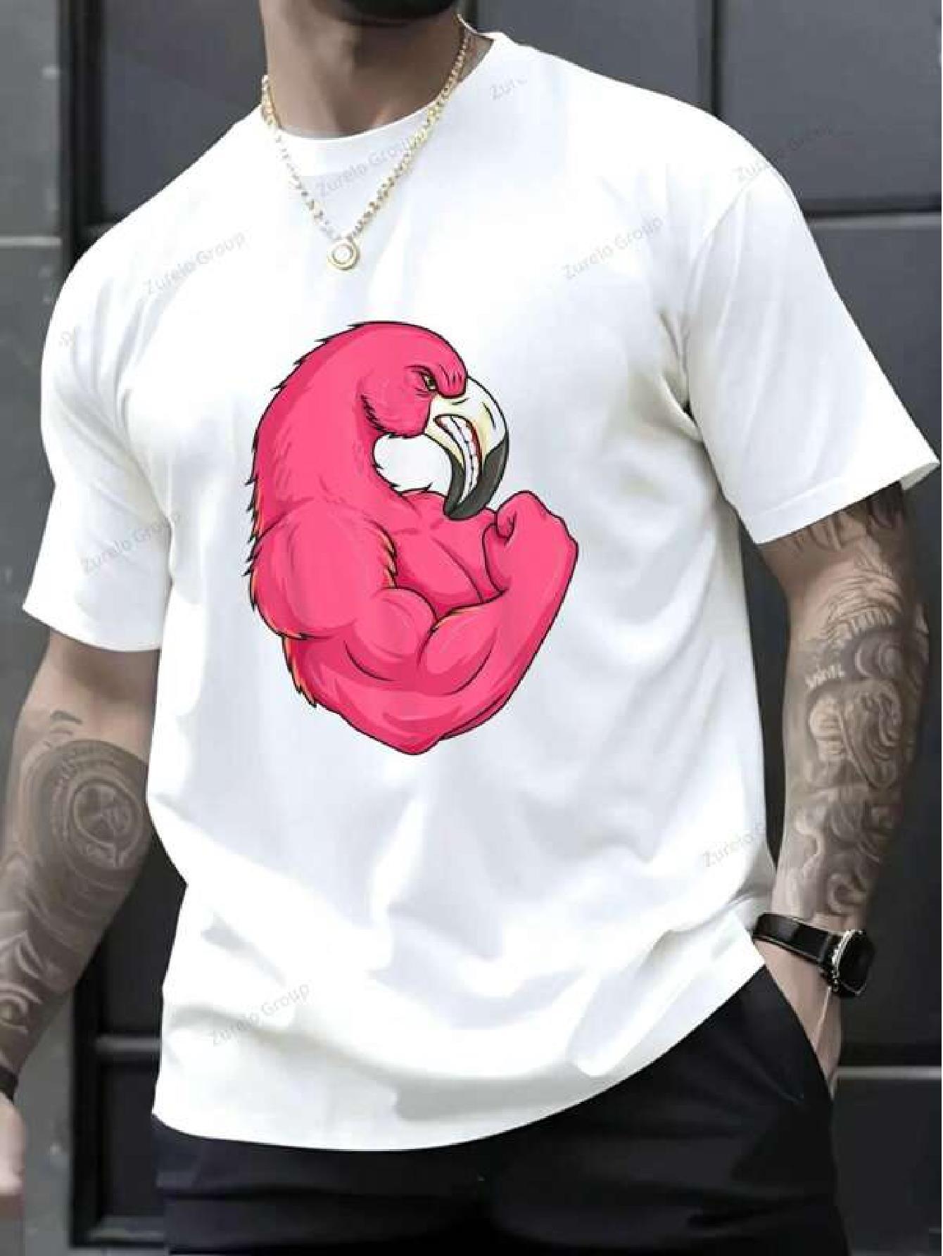 Heavyweight Cotton Graphic T-shirt - White Crewneck Tee with Pink Flamingo Arm Muscle Design - Machine Washable Shirt for Gym L