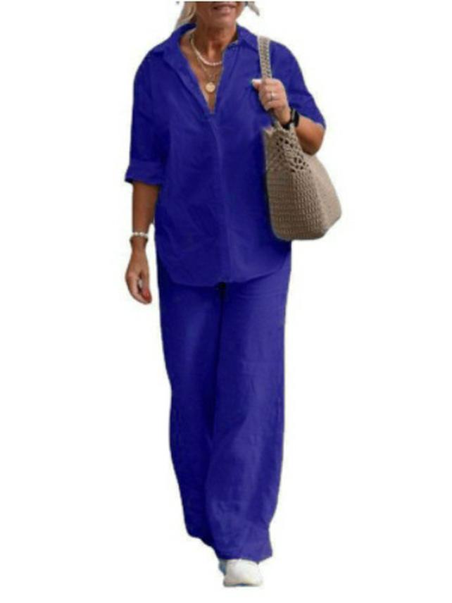 2023 Women's European & American Lapel Two-Piece Set: Long-Sleeve Shirt & Wide-Leg Pants for Spring & Autumn