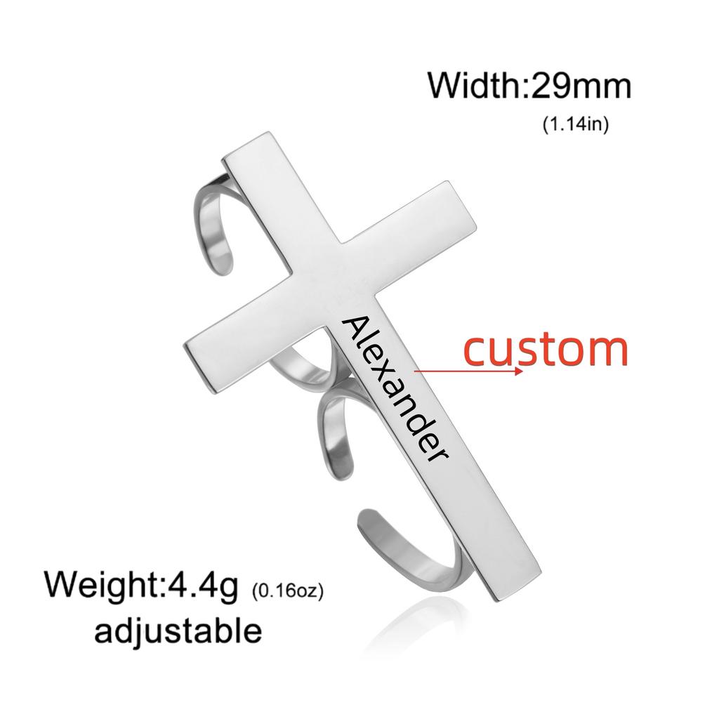 Jeshayuan Custom Two Finger Ring For Men Personalized Cross Ring With Name Engraved Name Ankh Ring for Women Girls