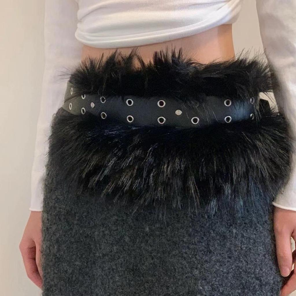 Trendy American Spicy Girl Wide Faux Fur Fluffy Leather Waist Belt Accessory