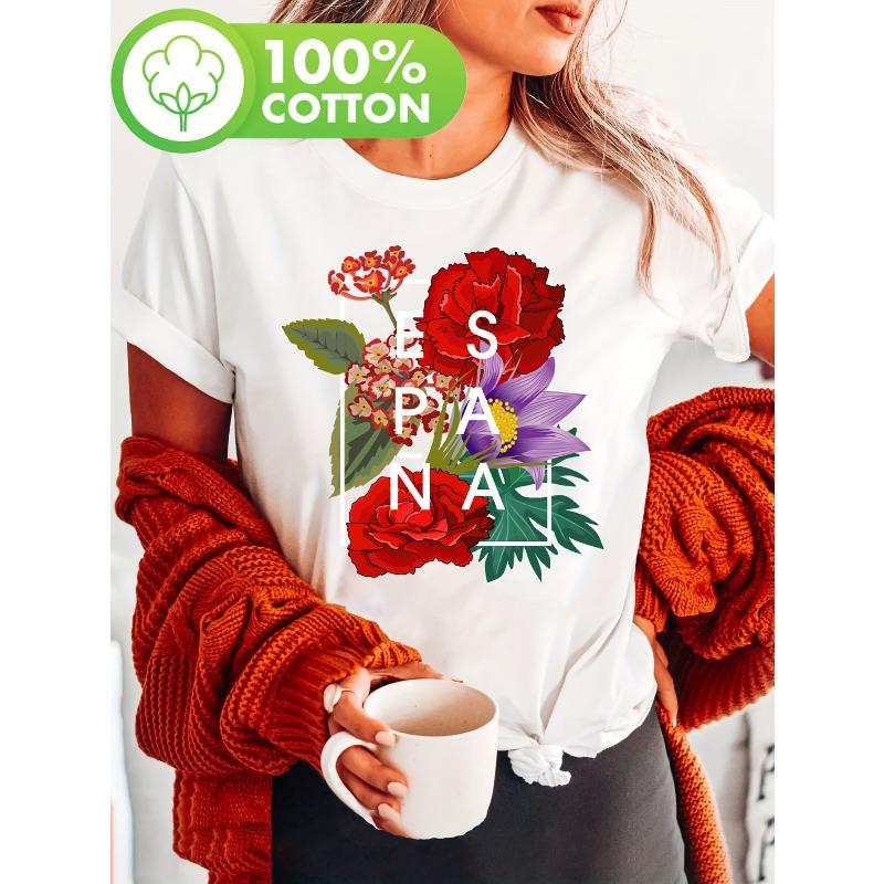 

A Floral Text Art Representing The Pride of Spain - Print T-Shirt, Short Sleeve Crew Neck Casual Top for Summer and Spring, Women S Apparel S
