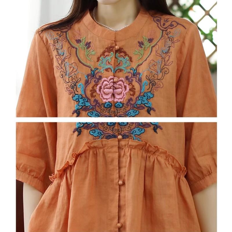 Johnature Women Embroidery Floral Vintage Shirts Tops Stand Half Sleeve Blouses