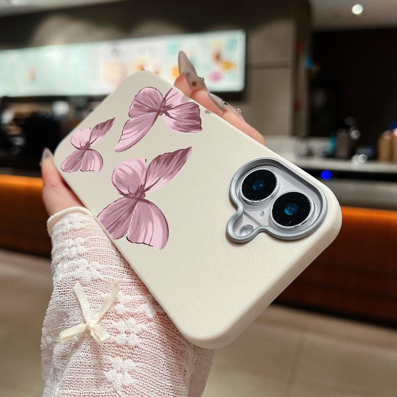 Pink Butterfly Pattern Leather Texture Slim Soft Phone Case For iPhone 16 Pro Max 15 14 Pro 13 12 11 TPU Matte Lens Protection Shockproof Bumper Cover