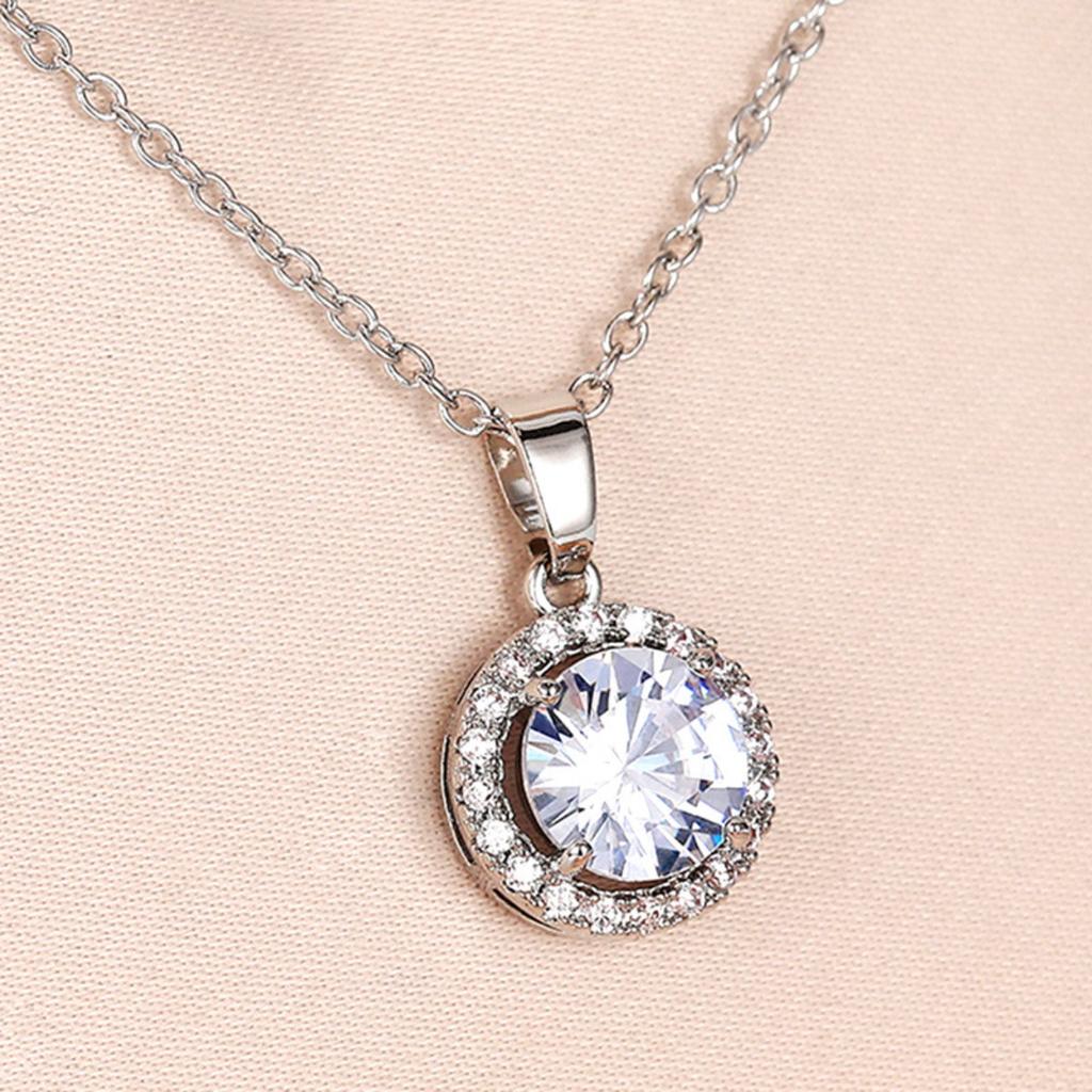 Round Center Stone Micro Pave Halo Pendant Women Cable Link Chain Clavicle Necklace