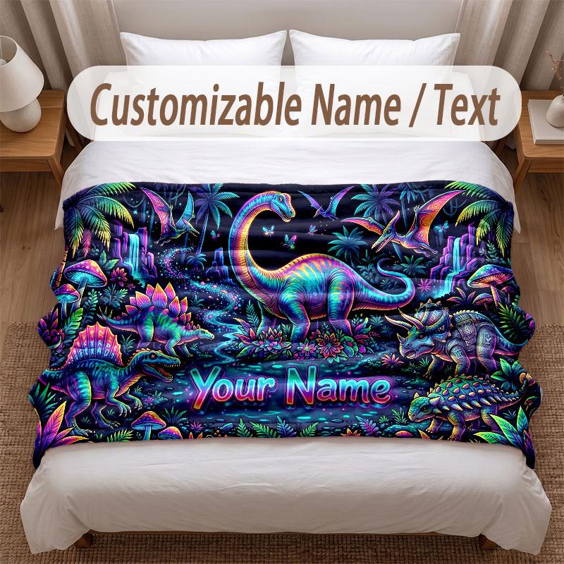 Dinosaur Theme Soft Blanket Personalized Custom Name Text Print Warm Blanket Home Sofa Bedroom Decor