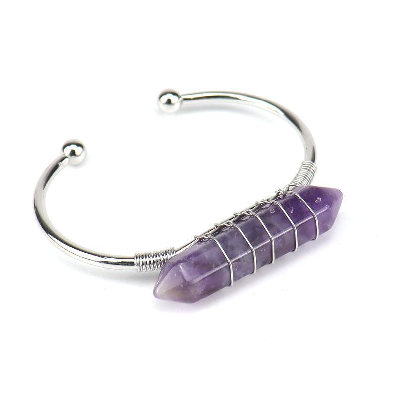 Handmade Silver Copper Wire Winding Natural Crystal Hexagonal Prism Bracelet Bracelet Bracelet Rough Stone Crystal Bracelet B2