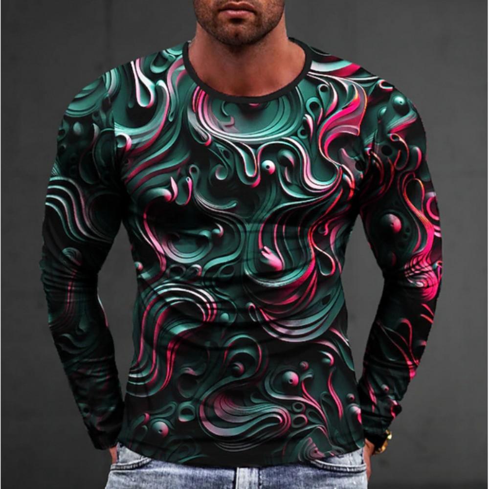 3D Abstract Swirl Pattern Long Sleeve T-Shirt, Stylish Men's Casual Top