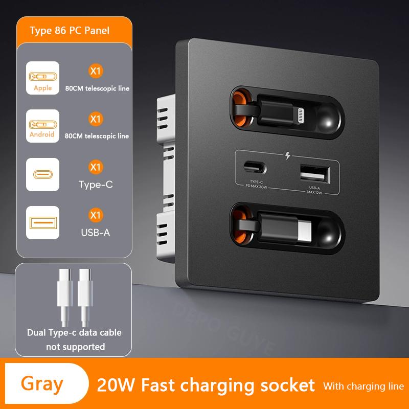 Universal Smart Socket With Charging line 20W Fast Charge USB C Port PC Power Wall Panel,Mobile phone charging Type C Outlet