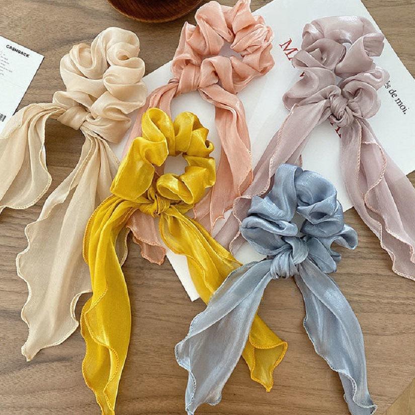 

Fashion Solid Color Bow Satin Long Ribbon Ponytail Scarf Hair Tie Scrunchies Women Girls Elastic Hair Bands Hair Accessories