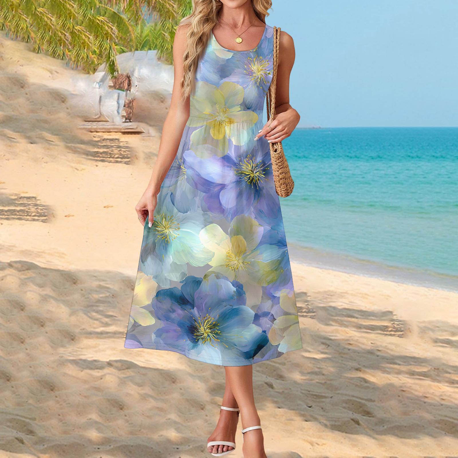

Fashionable women s summer dress with floral print, flowy casual , perfect for beach vacations, sundress with pockets. XL жовтий