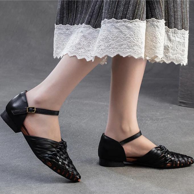 Johnature Retro kézzel szőtt valódi bőr lapos szandálok légáteresztő csattal közlekedő női cipők