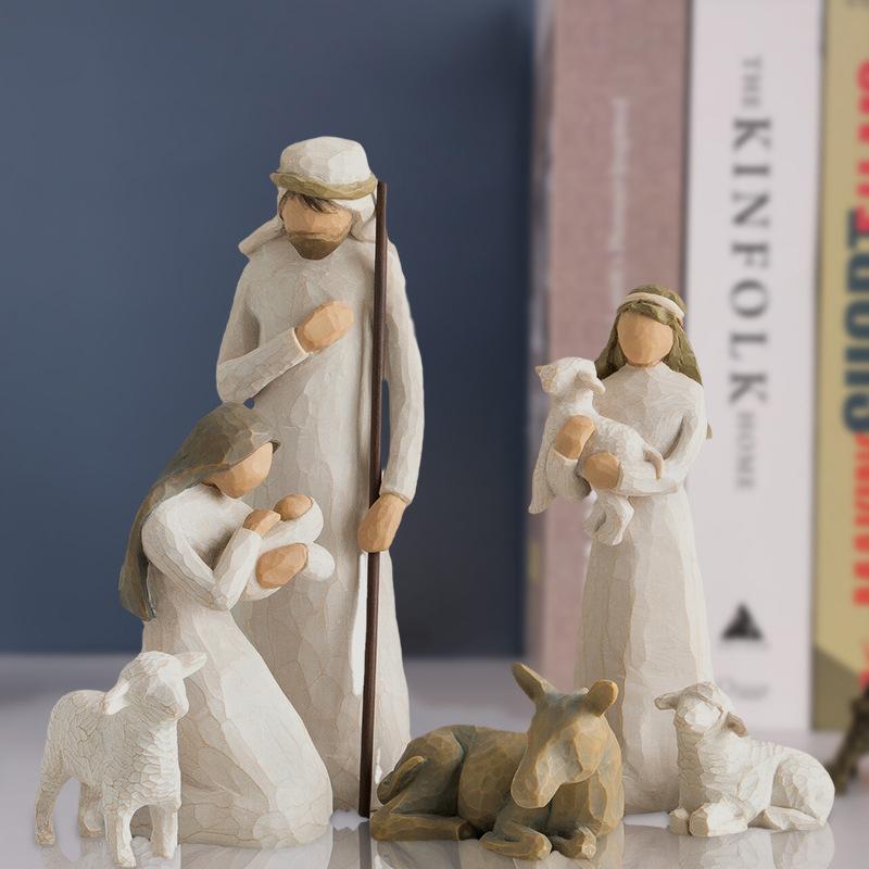 Desk Decor Hand Painted Decor Baby Jesus Manger ,Resin Ornament Nativity Figures Statue Set