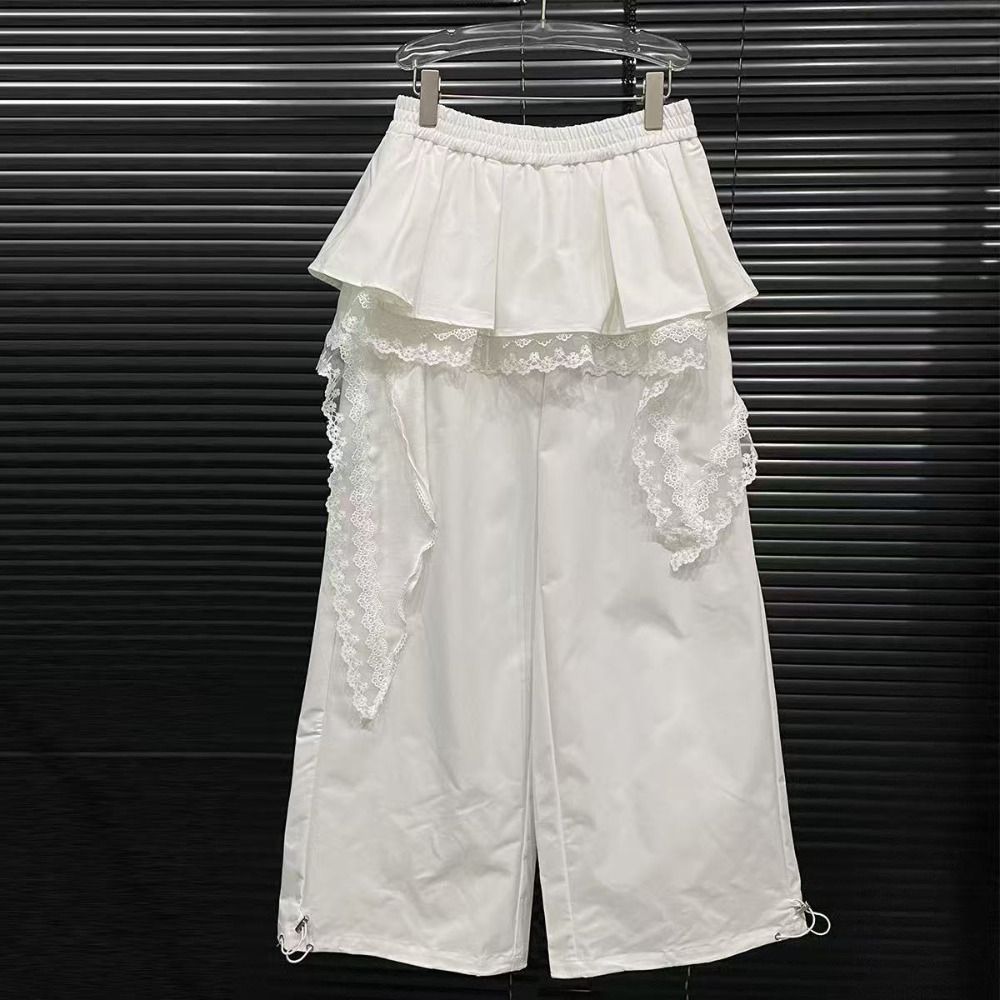 Baggy Lace Tiered Skirt Pants High Waist Wide Leg Trousers Sweet Lace Patchwork Pants Girls