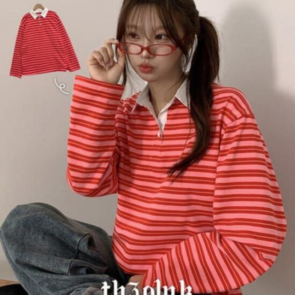 The Pink Women Loose Fit Color Stripe Long Sleeve Tee