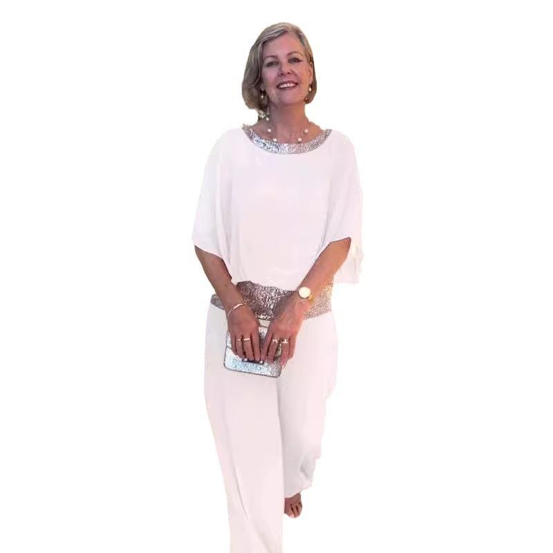 Women's Two Piece Set Crew Neck Short Sleeve Top Wide Leg Pants Loose Casual Outfit