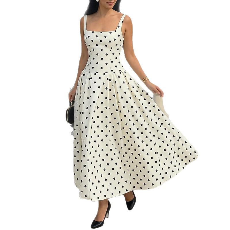 2026 Spring Fashion Elegant Polka Dot Spaghetti Strap Dress