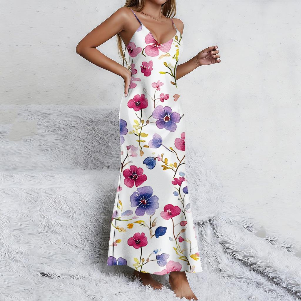 Ladies' floral nightgown sexy suspender nightgown slit sexy thin home outfit