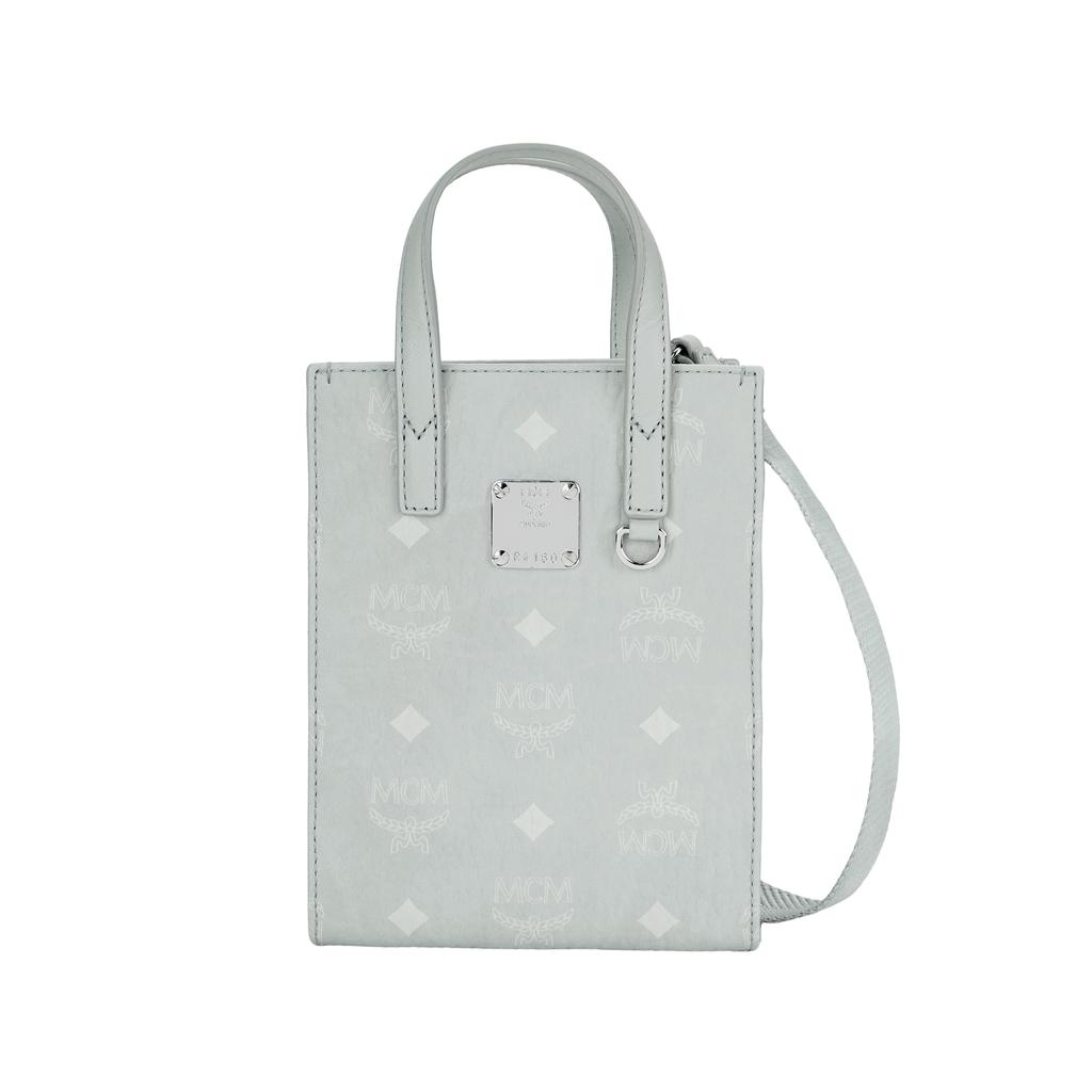 MCM Aren Monogramm-Print Abnehmbarer verstellbarer Schultergurt Beschichtetes Canvas Napa-Lederbesatz Tote Einkaufstasche Mini Damen Tote Tasche Grau MMTCSKC02FP001
