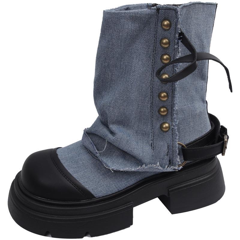 British fashion black British style platform Martin boots women's summer new niche with skirt thick heel short boots