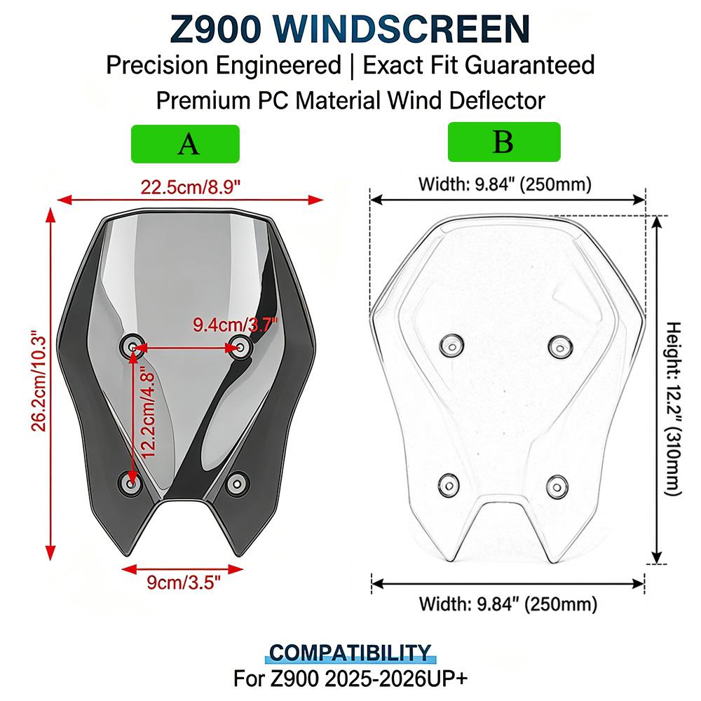 ASD1 Motorcycle Z900 Touring Windshield Deflector Protector Compatible for Z900 Z 900 SE 2025 2026 Large Tall Windscreen Cover Wind Deflectors