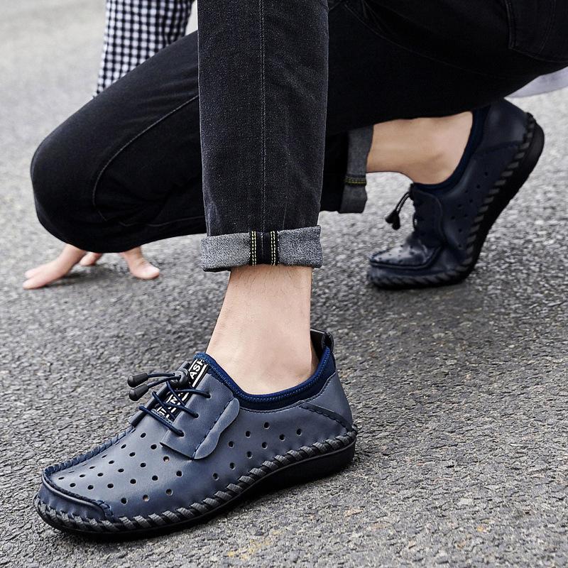 Summer Slip-on Lofter Men's Leather Hole Shoes Men's Driving Casual Leather Shoes Breathable Peas Board Shoes Fashion