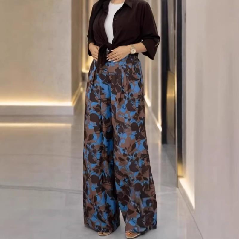 2026 Womens Printed Shirt Wide Leg Pants Set Casual Office Outfit