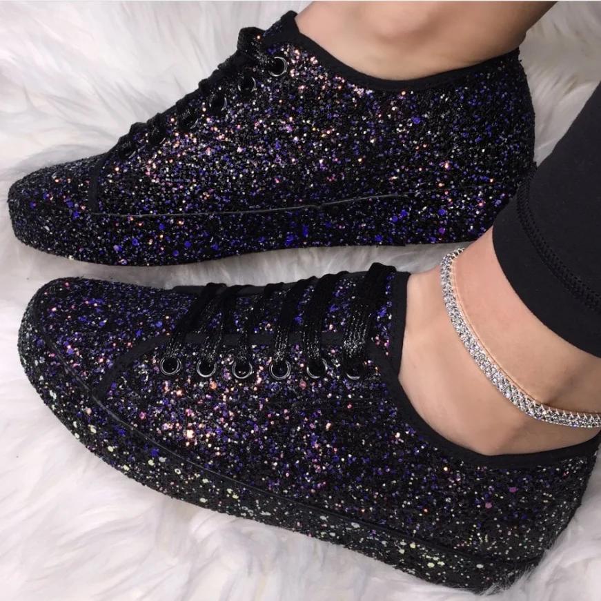 Women Lace Up Sneakers Glitter Autumn Flat Vulcanized Ladies Bling Casual Female Fashion Platform Zapatos De Mujer Shoes Tyh78