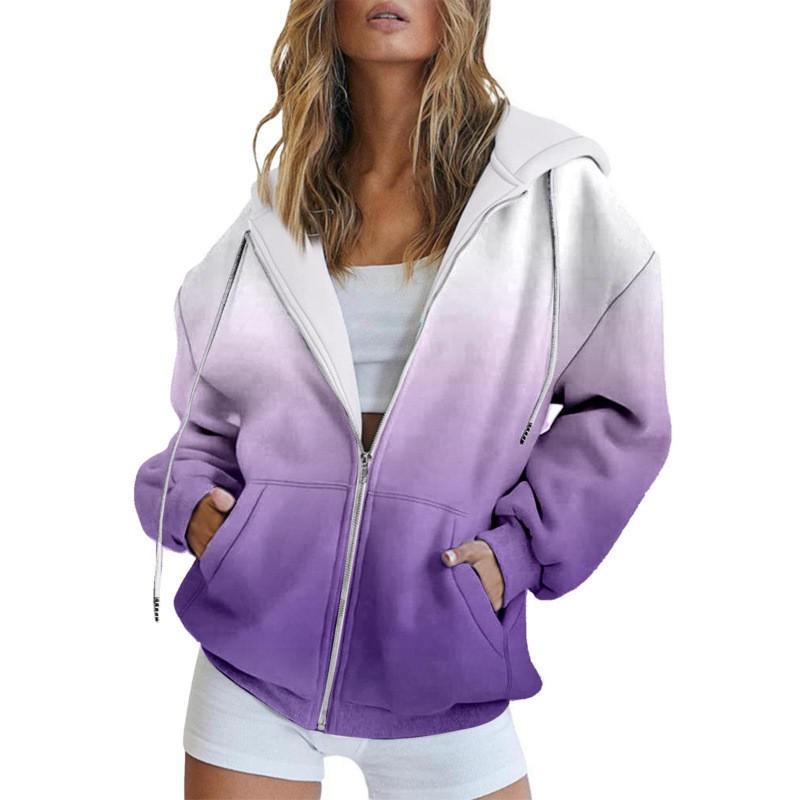 Womens Oversized Hooded Zip-Up Sweatshirt With 3D Digital Print Casual Loose Fit Winter