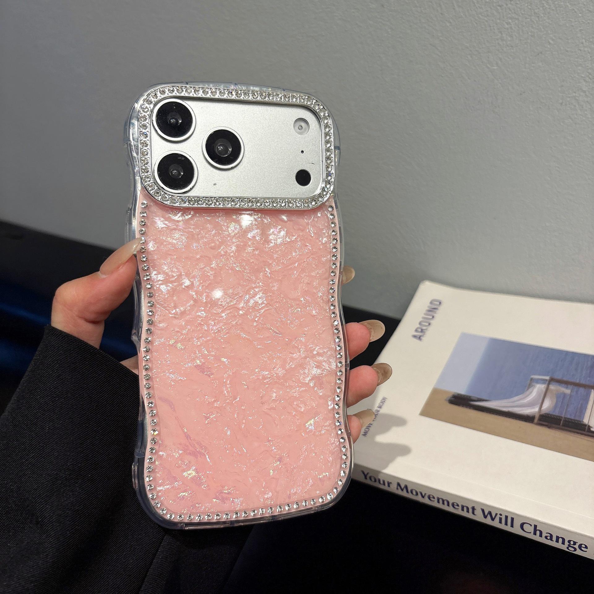 

Compatible with iPhone 17 Pro Max: Wave Edge Shell Texture Case with Rhinestone Lens Protector 15 рожевий
