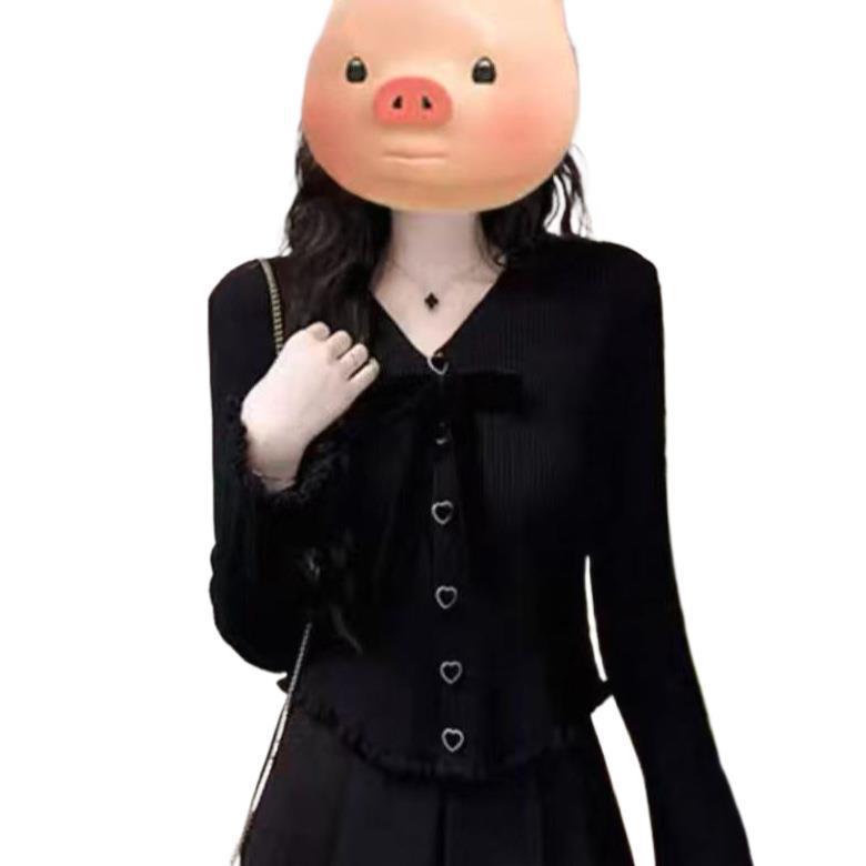 Plus Size Women's Bow Collar Knit Cardigan for Autumn/Winter - Sweet, Age-Reducing, Black/Red/Apricot