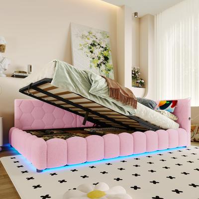 Daybed 140×200 Sleeper Sofa Hydraulic Storage LED Strip USB Type-C Bed Frame Slatted Frame (without Mattress) Velvet Pink